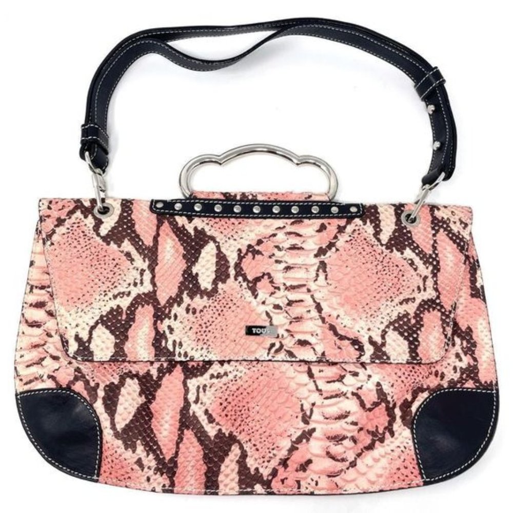 Tous Pink Snake Print Leather Shoulder Bag